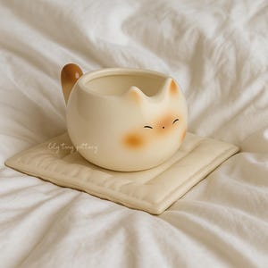 Handmade ceramic cup and saucer set, Kawaii cat cup and pillow saucer, Coffee cup, Cute tea cup, Hand-painted mug