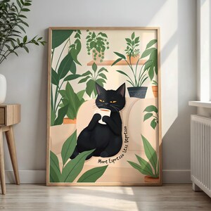 Poster digitale gatto nero e caffè divertente, Idea regalo amante dei gatti, Poster stampa gatti, piante, arte da parete boho ritratto gatto