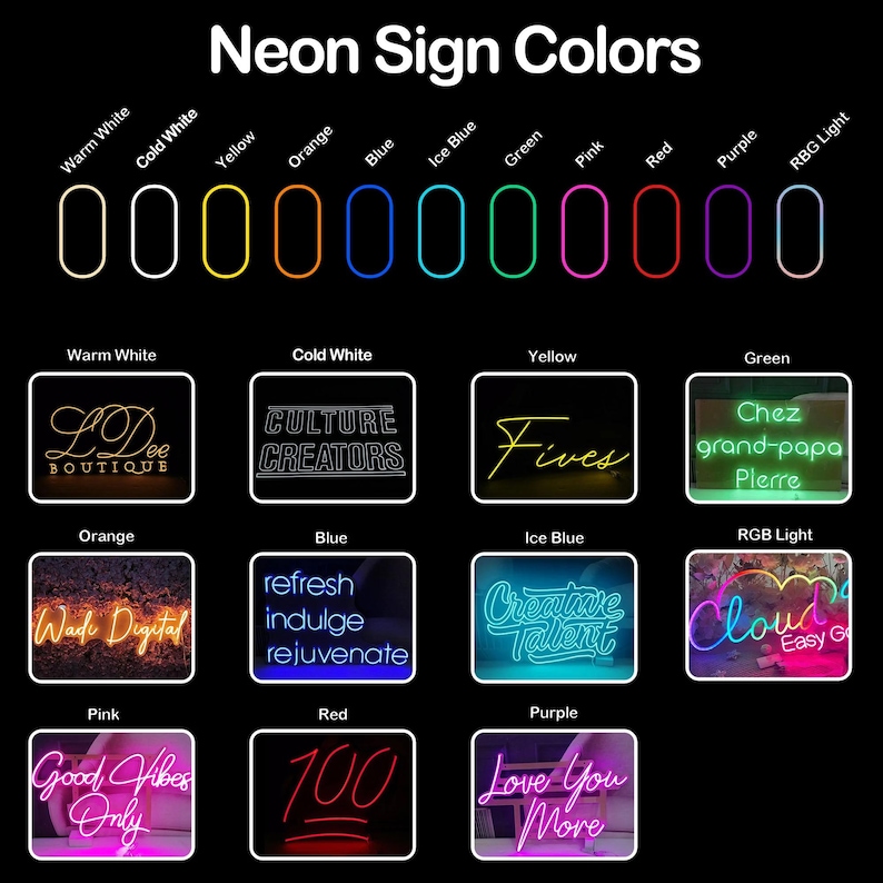 Pu&ograve; includere: Un grafico nero che mostra una tabella dei colori delle insegne al neon. La tabella mostra vari colori, tra cui bianco caldo, bianco freddo, giallo, arancione, blu, blu ghiaccio, verde, rosa, rosso, viola e luce RGB, ciascuno in un'insegna al neon rettangolare.