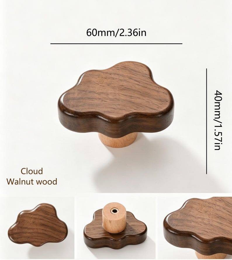 May include: A cloud-shaped cabinet knob made of dark walnut wood with a lighter wood base. The knob measures 60mm or 2.36 inches in width and 40mm or 1.57 inches in height. The text "Cloud Walnut wood" is printed near the knob.