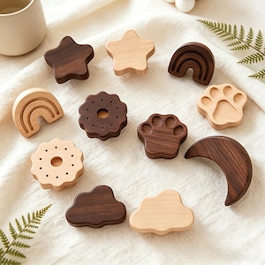 Tiradores de madera para cajones infantiles, con bonitos diseños de estrellas, lunas, nubes y arcoíris, tiradores de madera natural para armarios de niños y niñas, regalo para baby shower.