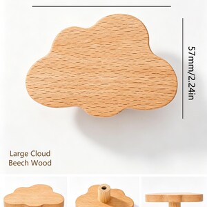 May include: A light brown beech wood cabinet knob shaped like a cloud. The knob measures 3.39 inches in width and 2.24 inches in height. The text 'Large Cloud Beech Wood' is visible. Three additional views show the knob from different angles.
