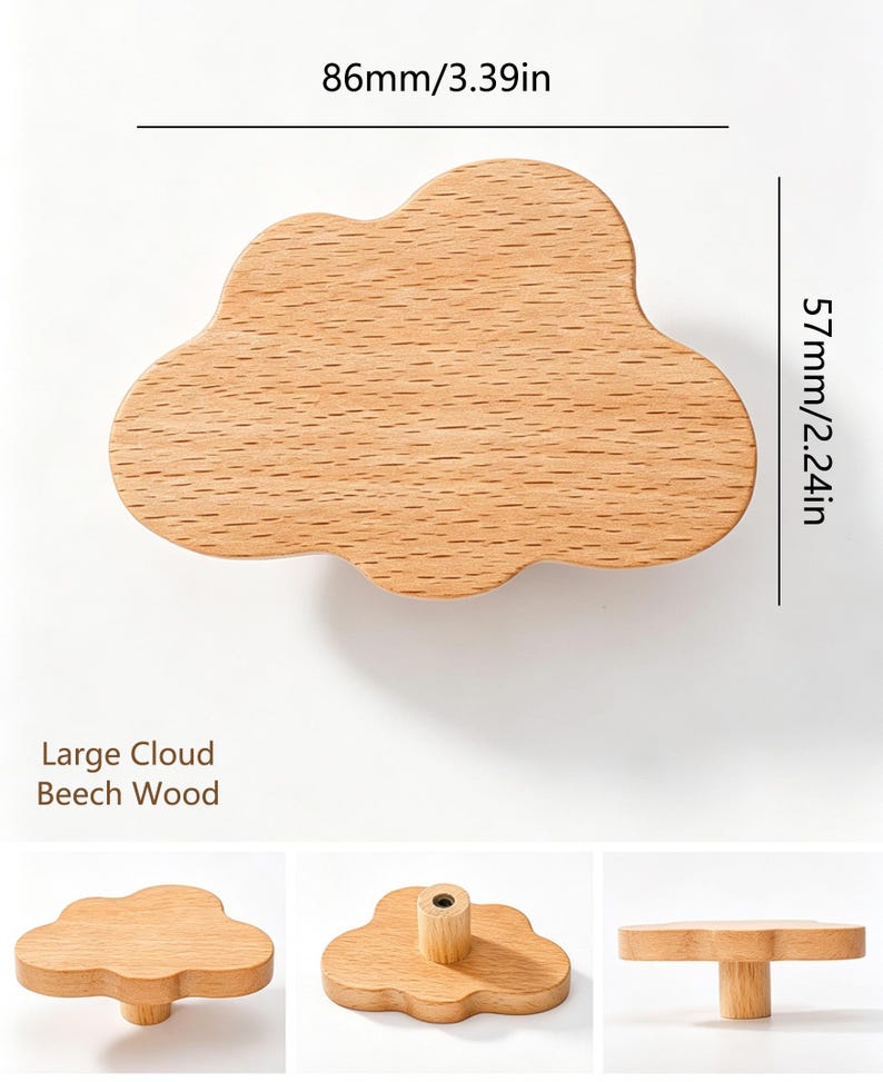 May include: A light brown beech wood cabinet knob shaped like a cloud. The knob measures 3.39 inches in width and 2.24 inches in height. The text 'Large Cloud Beech Wood' is visible. Three additional views show the knob from different angles.