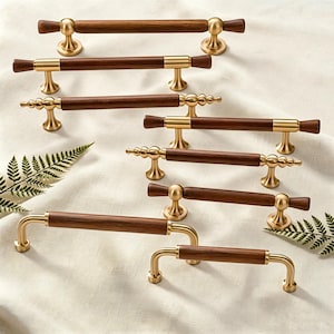 Antieke messing kastknoppen, vintage lange ladehandgrepen, houten kastgrepen, Franse woondecoratie