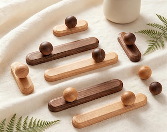 Premium Walnut Beech Cabinet Handles, Minimalist Mid Century Drawer Pulls, Ideal Gift for New Home Housewarming