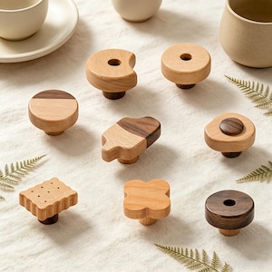 Bonitos pomos de madera, tiradores de cajón de haya y nogal, tiradores de armario únicos, decoración para habitación infantil, regalo de inauguración de casa