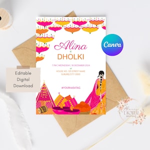 Yellow Pink Orange Umbrella Dholki Mehndi Mayoun Haldi Henna Night Invitation | Editable Canva Template