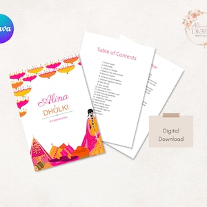 Może przedstawiać: Cyfrowe pobranie z projektem zaproszenia ślubnego z tekstem "Alina Dholki" i stroną "Spis treści". Projekt zawiera kolorowe parasole i geometryczne wzory w kolorze różowym, pomarańczowym i żółtym.