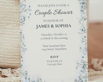 Couples Shower Invitations Blue Floral, Editable Canva Template, Minimalist Greenery Invite + Thank You Card, Printable or Digital Send