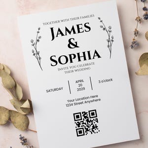Sjabloon bruiloft uitnodiging | Bewerkbaar in canvas | Minimale moderne zwart-witte botanische lijntekeningen | QR-code | 5 x 7 afdrukbaar + digitaal verzenden