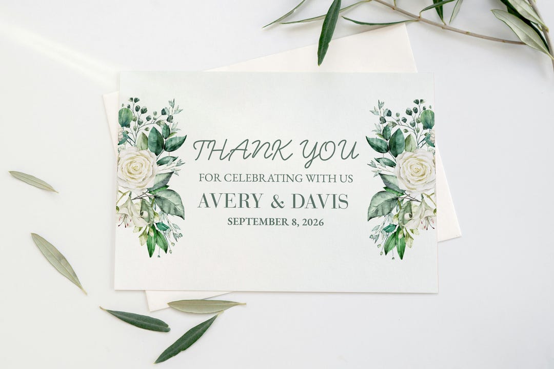 Sage Green Wedding Thank You Card Template, Printable Greenery Floral ...