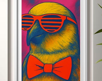 Pop-artowy nadruk z ptakiem | Okulary przeciwsłoneczne w stylu retro neonowe, muszka (pobranie cyfrowe)