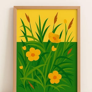 Yellow Buttercup Wildflower Wall Art Print, Modern Flower Illustration Minimalist, Botanical Print, Home Decor, Floral