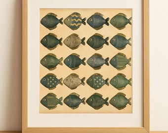 Retro Coastal Fish Wall Art, Rustic Nautical Print for Seaside Home Decor