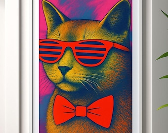 Pop Art Cat Print | Funky Kitty with Bow Tie (Digital Download)