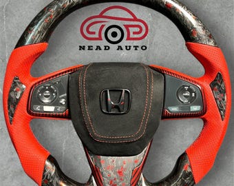 Volante in carbonio forgiato e pelle traforata rossa per Honda Civic (10a generazione).