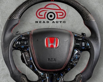 Volante sportivo in fibra di carbonio per Honda Accord 2008-2012 / Cuciture rosse / Impugnature in pelle traforata nera.