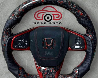 Volante in fibra di carbonio forgiato con finiture rosse per Honda Civic 10a generazione 2016-2021.