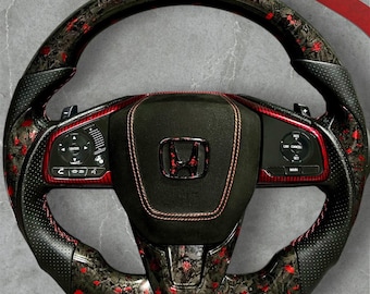 Volante Honda Civic di decima generazione (2016-2021) in fibra di carbonio forgiata rossa e pelle nera