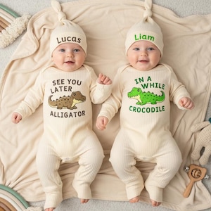 See You Later Alligator Twin Bodysuit, In A While Crocodile Outfit, Twin Arrival Outfits, Baby Bodysuit and Hat set, Coming Home Outfit