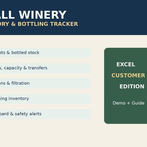 May include: A digital inventory and bottling tracker for a small winery. The interface features a dark blue header with the text SMALL WINERY INVENTORY & BOTTLING TRACKER. A list includes wine lots, vessels, additions, packaging, and alerts.