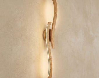 Aplique de pared LED de madera curvada – Luz ambiental de roble natural, lámpara de mesilla moderna