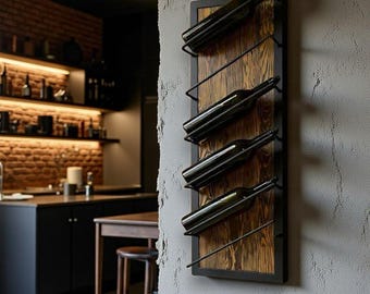 Wall Mounted Wine Rack – Industrial Style Bottle Holder with Metal Frame & Burnt Wood – Rustic Wine Storage for Kitchen, Bar or Dining Room