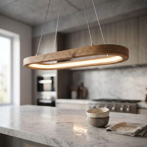 Böjd taklampa i ekträ - Minimalistisk LED-köksö - Handgjord dimbar linjär ljuskrona - Skandinavisk taklampa