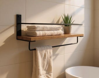 Bathroom Wall Shelf with Towel Bar – Solid Wood and Black Metal Storage Rack, Modern Minimalist Shelf for Towels, Spa & Small Bathroom Decor