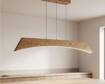 Curved Wood Pendant Light, Handmade Oak Chandelier for Kitchen Island, Modern Arched Dining Room Light