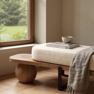 Modern Solid Wood Bench with Boucle/Teddy Cushion – Entryway & Bedroom Bench, Scandinavian Minimal, Custom Size - Teddy Home Decor