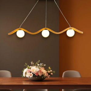 Modern Wave Wood Pendant Light – Handmade Oak Chandelier with Frosted Glass Globes – LED Ceiling Light for Dining Room or Kitchen