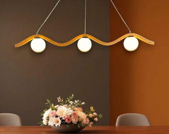 Modern Wave Wood Pendant Light – Handmade Oak Chandelier with Frosted Glass Globes – LED Ceiling Light for Dining Room or Kitchen