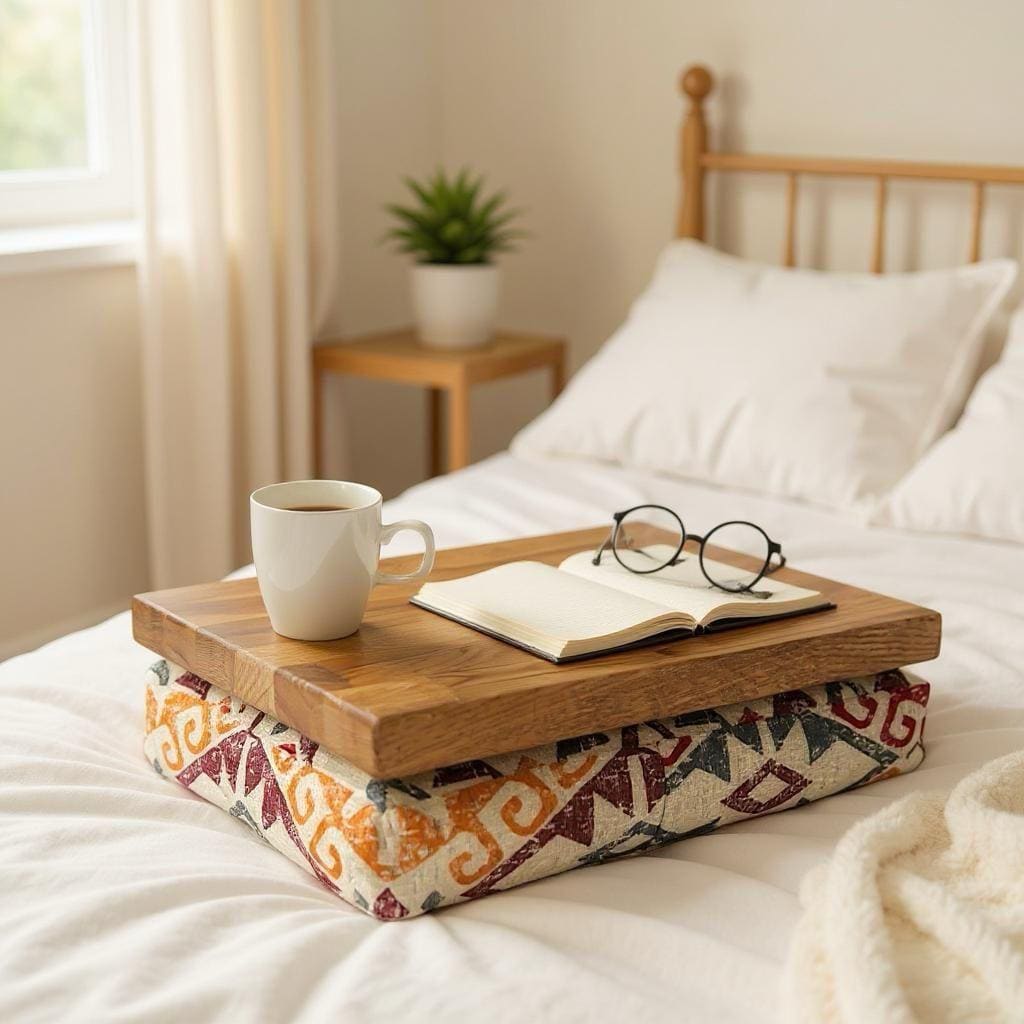 Wooden Bed Tray with Cushions | Handmade Breakfast Serving Tray | Rustic Lap Table for Laptop | Boho Home Decor | Gift for Men or Women