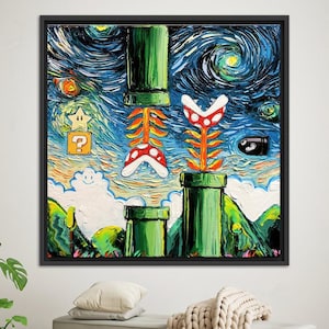 Mario World Canvas Poster, Van Gogh Style Mario Painting Canvas Gift, Modern Wall Hangings, Van Gogh 3D Canvas, Gift For Him,