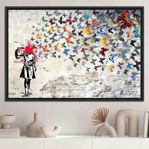 Dzieło sztuki Banksy Girl, sztuka ścienna na płótnie, wydruk Butterfly Girl Suicide, Banksy Head Shot Canvas Art, dekoracja ścienna Butterfly Graffiti, sztuka na płótnie,
