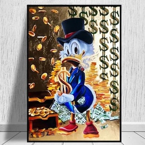 Duck Money Canvas, Duck Money Art Wall, Cartoon Duck and Money Art, Donald Canvas, Cash Money,Extra Large Wall Art, Modern Office Wall Decor