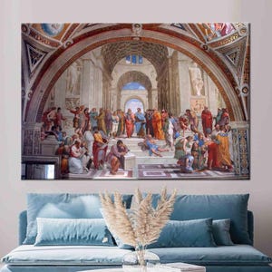 May include: A large canvas print of a Renaissance fresco, showing a gathering of figures in classical attire within an ornate architectural setting. The artwork features a vibrant palette of reds, blues, and golds, with detailed depictions of people and structures.