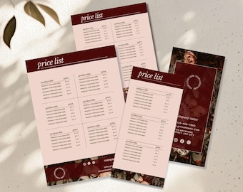 Elegant Pink Price List Template Florist , Floristry Business Editable Digital Download COL1PL3