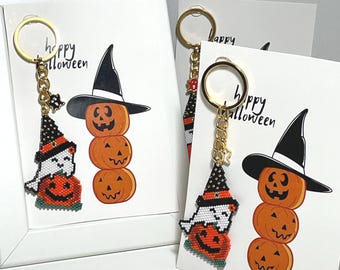 Handgefertigte Perlen Halloween Schlüsselanhänger Kürbis mit Hut: Rucksack Taschenanhänger oder Ornamente, Geist Geldbörse