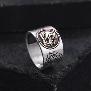 Personalized Mens Silver Name Ring with Lion Head Symbol, Oxidized Silver Letter Mens Ring, Lion Head Engraved Signet Rings, Gift for Him