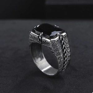 Men Black Onyx Rings, Sterling Silver Onyx Signet Ring Man, Black Stone Ring Men, Square Gemstone Ring for Men, Wedding Anniversary Gifts