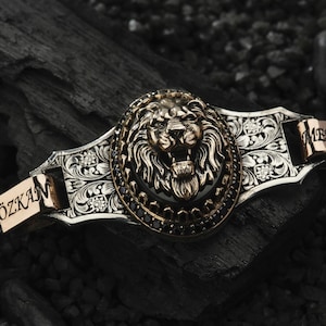 Personalized Name Silver Lion Head Chain Bracelet for Men, Oxidized Silver Leo Animal Zodiac Jewelry,Handmade Lion Head Bangle Cuff Bracelet
