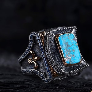 Square Blue Turquoise Silver Signet Rings for Men, Sterling Silver Men Handmade Statement Ring,Mens Turquoise Gemstone Anniversary Gift Ring