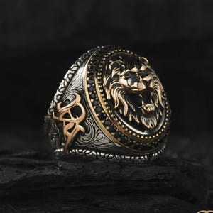 Mens Lion Head Statement Rings with Two Initials, Personalized Silver Letter Mens Ring, Handmade Oxidized Silver Initial Signet Husband Gift