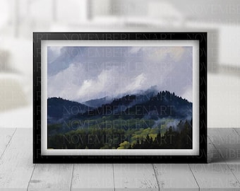 Mountain Forest Wall Art, Gloomy Forest Print, Gloomy Forest Wall Art, Painting Foggy Forest, Misty Forest Painting, Foggy Mountain Art