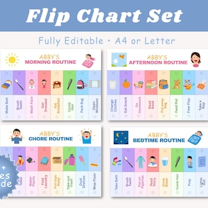 May include: A colorful flip chart set with the title "Flip Chart Set" and the text "Fully Editable • A4 or Letter." The set includes four charts: Morning, Afternoon, Chore, and Bedtime routines, each with illustrated tasks and check boxes.