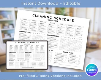 Editable Cleaning Schedule Checklist ADHD Home Cleaning Planner Daily Weekly Monthly Yearly Family Cleaning Chart Household Kids Chores List