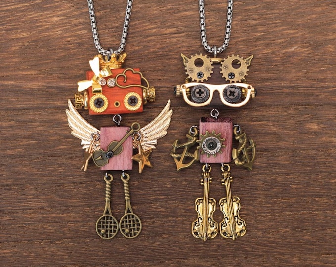 Handmade Wooden Steampunk Robot Couple Keychain Set: Punk Necklace, Gift-1