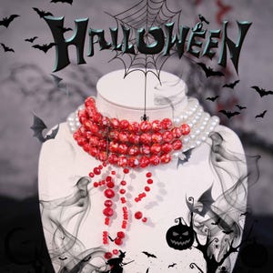 Bloody pearl necklace,vampire necklace,vampire choker,Gothic necklace,Halloween Vampire Jewelry